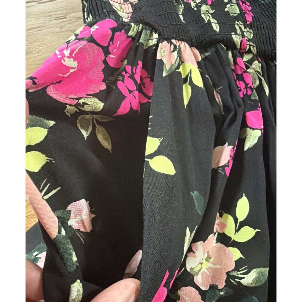 NWT Torrid Black Pink Floral Smock Midi Dress 2 Milkmaid Peasant Puff 3/4 Sleeve - Picture 4 of 16